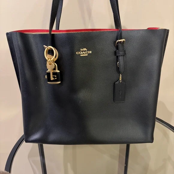 Coach Mollie Black and Red Leather Tote with Gold Accents & Key Chain - Picture 2 of 14